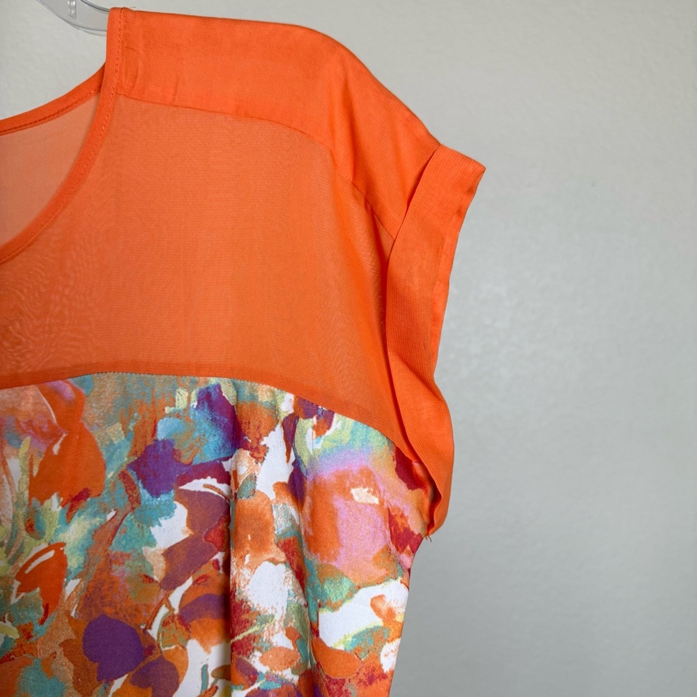 Tropical Floral Orange Colorblock Lightweight Beach Vacation Summer Resort Top - Picture 5 of 9